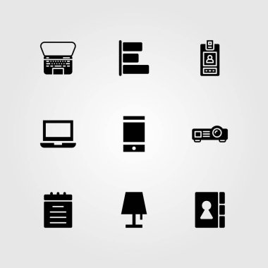İş vektör Icon set. defter, lamba, smartphone ve laptop