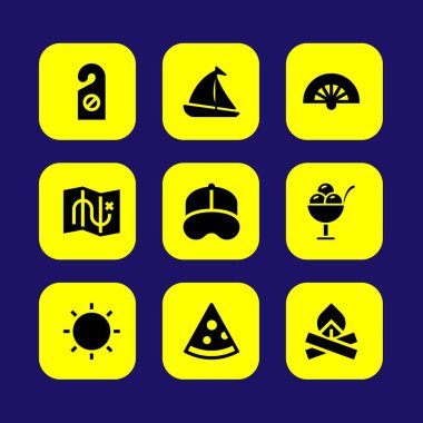 Yaz aylarında vektör Icon set. Dondurma, güneş, kapı tokmağı ve pizza