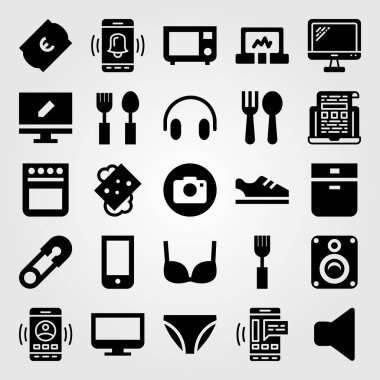 Alışveriş vektör Icon set. sutyen, çengelli iğne, smartphone ve kısa pantolon