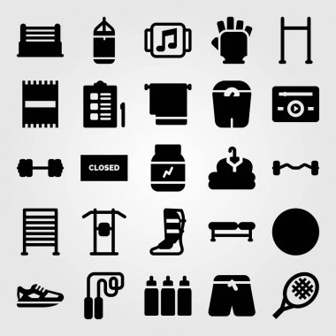 Fitness vektör Icon set. Delme, koşu ayakkabıları, çalışan ve spor barlar