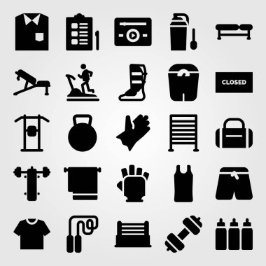 Fitness vektör Icon set. eldiven, protein, gömlek ve spor gömlek