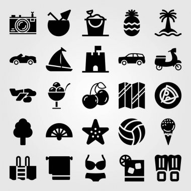 Yaz aylarında vektör Icon set. Motosiklet, yelkenli, palet ve voleybol