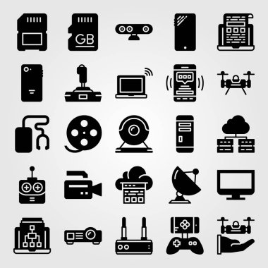 Teknoloji vektör Icon set. dron, film rulo, radar ve web kamerası