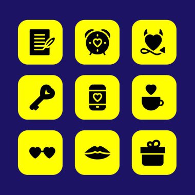 Sevgililer günü vektör Icon set. hediye, aşk zaman, aşk mektubu ve dudaklar