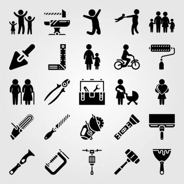 Araçlar simgesi vektör ayarlayın. kadın kalp, boya silindiri, mala ve çekiç ile