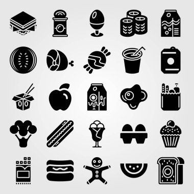 Yiyecek ve içecekler Icon set vektör. Sosisli sandviç, brokoli, içki ve yumurta