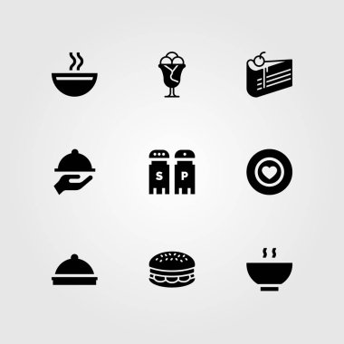 Restoran vektör Icon set. Dondurma, burger, çorba ve tuz ve biber