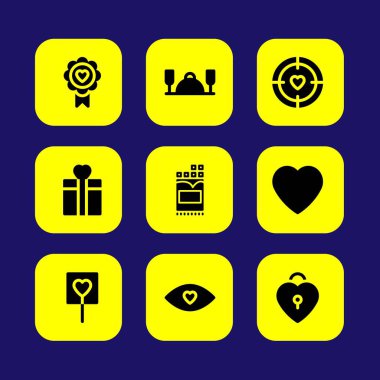 Sevgililer günü vektör Icon set. aşk rozet, akşam yemeği, aşk hedef ve Sevgililer günü