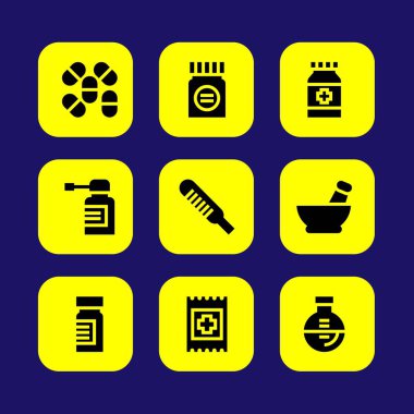 Tıp vektör Icon set. yardım grubu, spreyi, termometre ve yardım