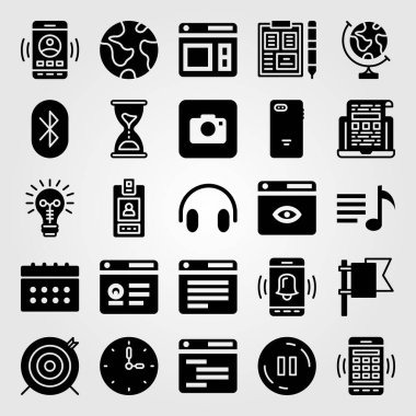 Temel vektör Icon set. Dünya gezegeni, smartphone, kimlik kartı ve kulaklık