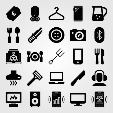 Alışveriş vektör Icon set. Smartphone, düğme, askı ve kulaklıklar