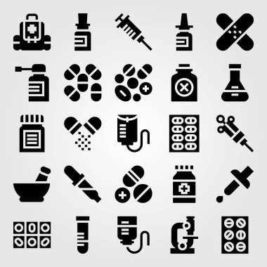 Tıp vektör Icon set. flask, burun spreyi, şişe ve hapları