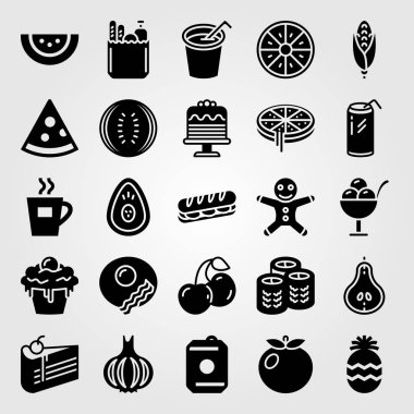 Yiyecek ve içecekler Icon set vektör. Kahvaltı, pizza, sarımsak ve içecek