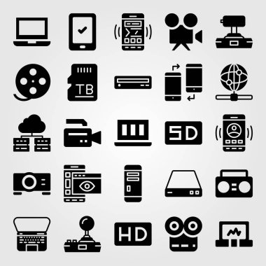 Teknoloji vektör Icon set. projektör, tablet, video kamera ve sunucu