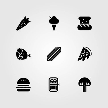 Yiyecek ve içecekler Icon set vektör. Dondurma, jambon, mantar ve pizza