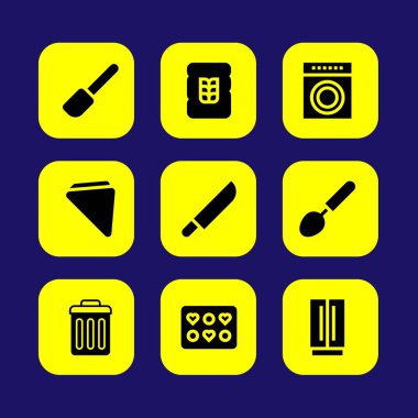 Mutfak vektör Icon set. buğday, çamaşır makinesi, kepçe ve buzdolabı