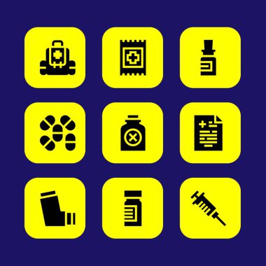 Tıp vektör Icon set. oksijen tüpü, yardım, şırınga ve şişe