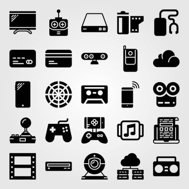Teknoloji vektör Icon set. DVD oynatıcı, müzik çalar, dizüstü bilgisayar ve boombox