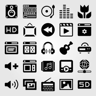 Multimedya vektör Icon set. tarayıcı, geri sarma, resim ve radyo