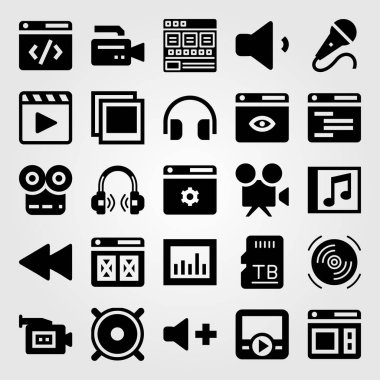 Multimedya vektör Icon set. mikrofon, kompakt disk, geri sarma ve analytics