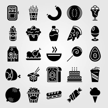 Yiyecek ve içecekler Icon set vektör. avokado, şurup, pizza ve sardalya