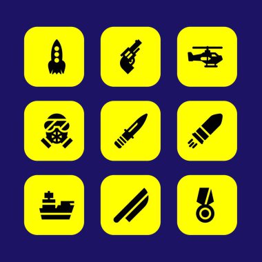 Silah vektör Icon set. gaz maskesi, tabanca, mermi ve helikopter