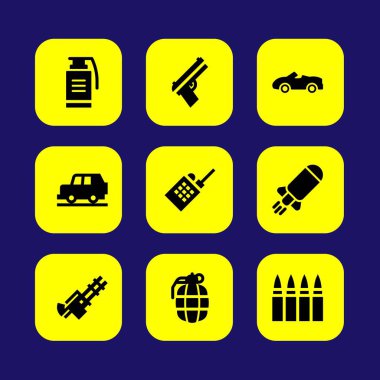 Askeri vektör Icon set. makineli tüfek, Araba, silah ve el bombası