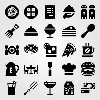 Restoran vektör Icon set. tuz ve karabiber, bardak, çatal bıçak takımı ve suşi