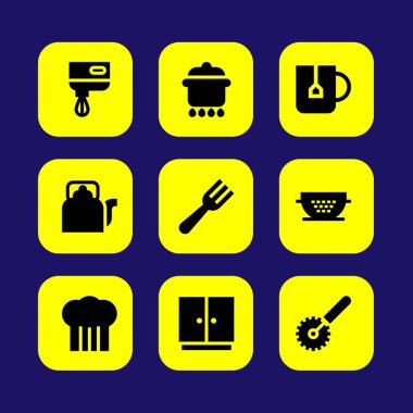 Mutfak vektör Icon set. Şef, pizza kesici, pot ve Mikser
