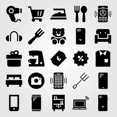 Alışveriş vektör Icon set. kitaplık, oyuncak, çatal ve sepeti