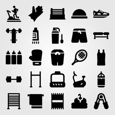 Fitness vektör Icon set. pantolon, eldiven, blok ve kumaş