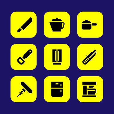 Mutfak vektör Icon set. buzdolabı, kahve makinesi, bıçak ve şişe açacağı
