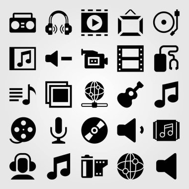 Çoklu ortam simgesini vektör ayarlayın. Boombox, sessiz, mikrofon ve müzik oyuncu