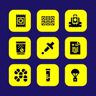 Tıp vektör Icon set. tabletler, hap, bant ve yardım