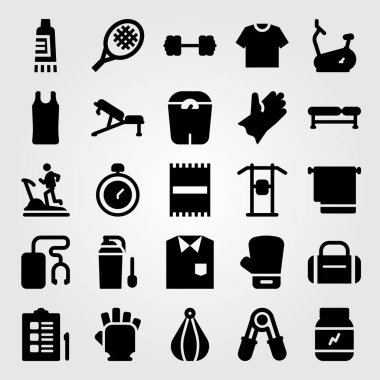 Fitness vektör Icon set. Tenis raketi, protein, sabit Bisiklet ve eldiven