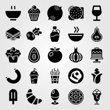 Yiyecek ve içecekler Icon set vektör. çorba, şarap cam, Mısır ve patates kızartması