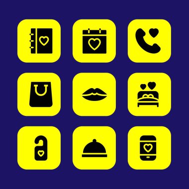 Sevgililer günü vektör Icon set. Sevgililer günü, akşam yemeği, Oda ve alışveriş çantası seviyorum