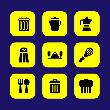 Mutfak vektör Icon set. Mikser, tuz, çöp ve çöp kutusu