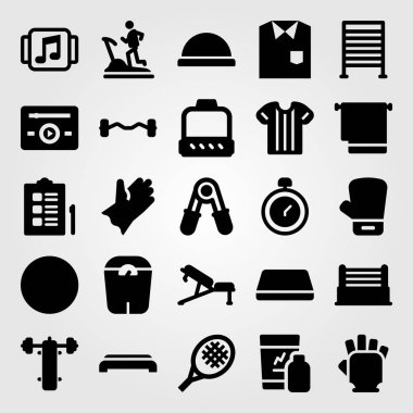 Fitness vektör Icon set. koşu bandı, bosu topu, sıra sıkıştırma ve Chronometre