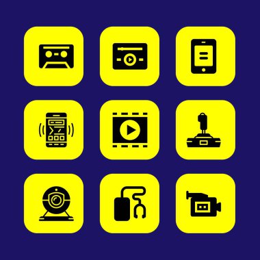 Teknoloji vektör Icon set. joystick, film oynatıcı, müzik çalar ve web kamerası
