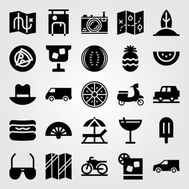 Yaz aylarında vektör Icon set. Araba, bavul, ananas ve güneş şemsiyesi