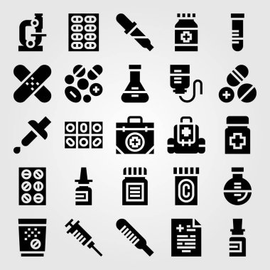Tıp vektör Icon set. termometre, yama, tıbbi sonuç ve damla sayacı