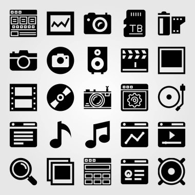 Multimedya vektör Icon set. Fotoğraf, müzik notu, sd kart ve pikap