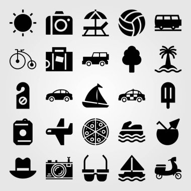 Yaz aylarında vektör Icon set. Güneş, dondurma, fotoğraf kamera ve deniz scooter