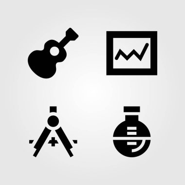 Eğitim Icons set. Vektör çizim gitar, analytics, şişesi ve pusula