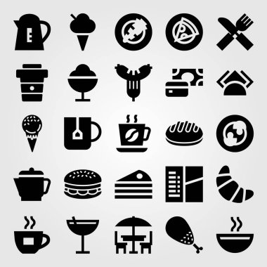 Restoran vektör Icon set. Kupası, dondurma, kahve fincanı ve onay