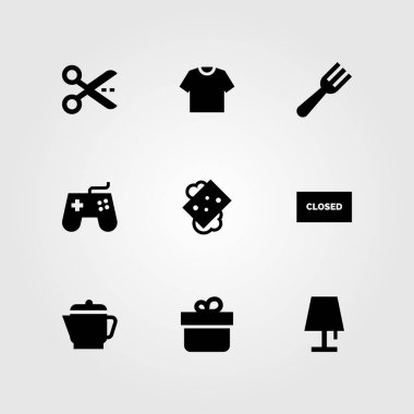 Alışveriş vektör Icon set. sabun, lamba, su ısıtıcısı ve makas