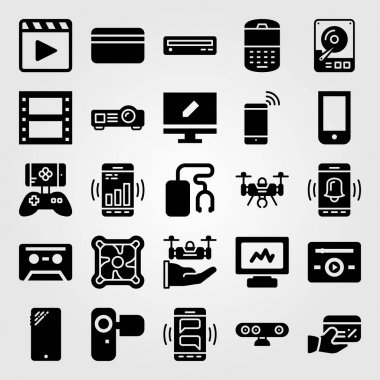 Teknoloji vektör Icon set. müzik çalar, film oynatıcı, dvd oynatıcı ve uçak