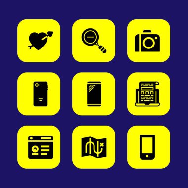 Temel vektör Icon set. fotoğraf makinesi, smartphone, kalp ve vınlamak dışarı