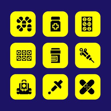 Tıp vektör Icon set. Tıp, tablet, pipet ve ilk yardım kiti